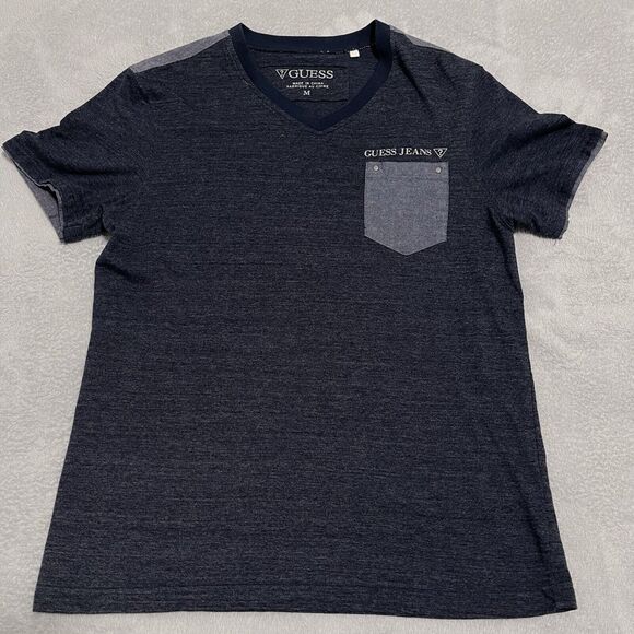 Guess Jeans Shirt Mens Medium Blue Denim V-Neck Cotton Pocket Los Angeles 1981 - Picture 1 of 8